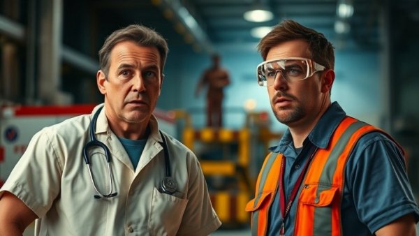 Two men discussing a waterpark collapse in 'The Pitt' emergency care episode.