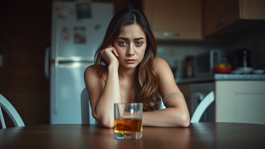 Young woman sits sadly at kitchen table with a glass of alcohol, reflecting on alcohol use trends and pregnancy health risks.
