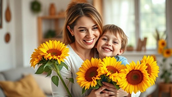 Mother's Day moment with sunflowers, family joy.