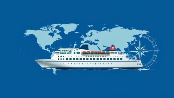 Illustration of passenger ship on blue background with map lines, Hantavirus outbreak.