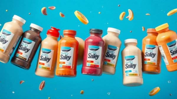 Assorted nutritional shake bottles against blue background