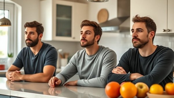 Three men sitting at kitchen counter looking contemplative about protein.