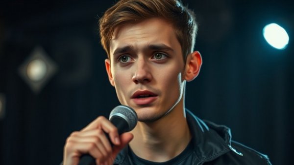 Concerned young man discussing issues, studio setting.