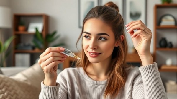 Woman using Minoxidil 5% for hair regrowth at home.