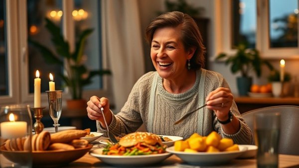 Happy woman savoring a healthy dinner, warm candlelit dining.