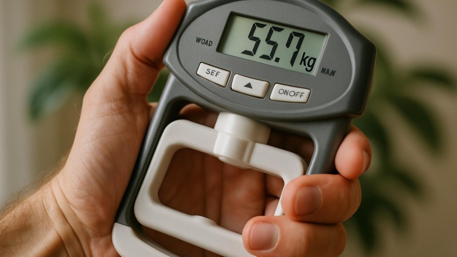 Hand measures grip strength using digital meter.