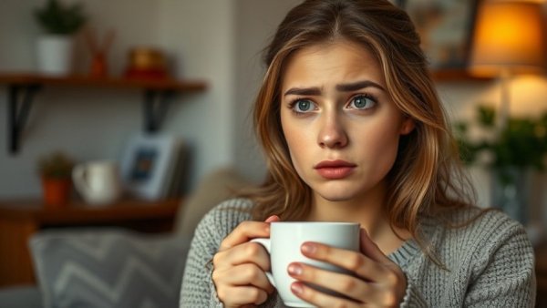 Concerned woman holding coffee, relating to caffeine intake and depression.