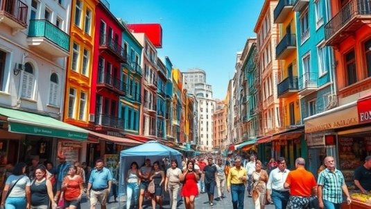 Vibrant urban street with people walking and shopping in a lively market.