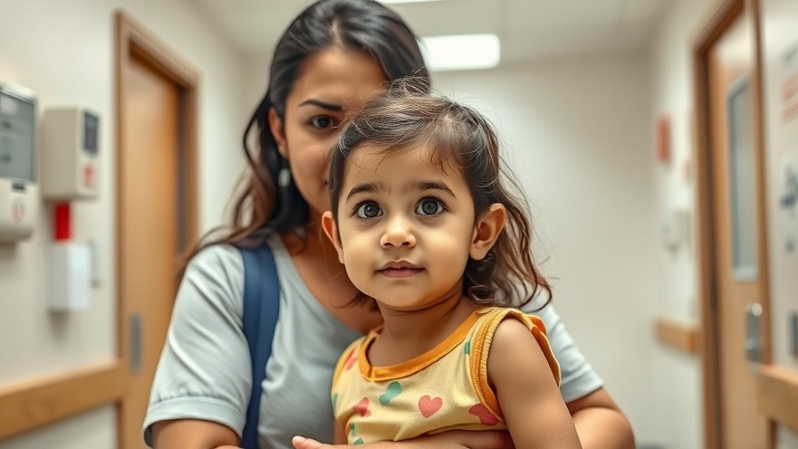 Hispanic mother brings her sick toddler with measles spots to hospital for disease prevention.