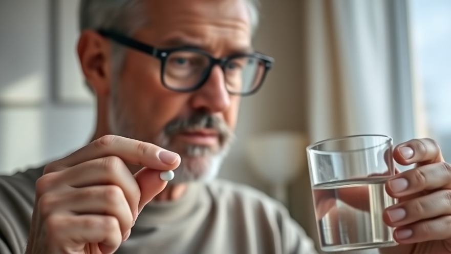 Middle-aged man taking a pill relating to statin use.