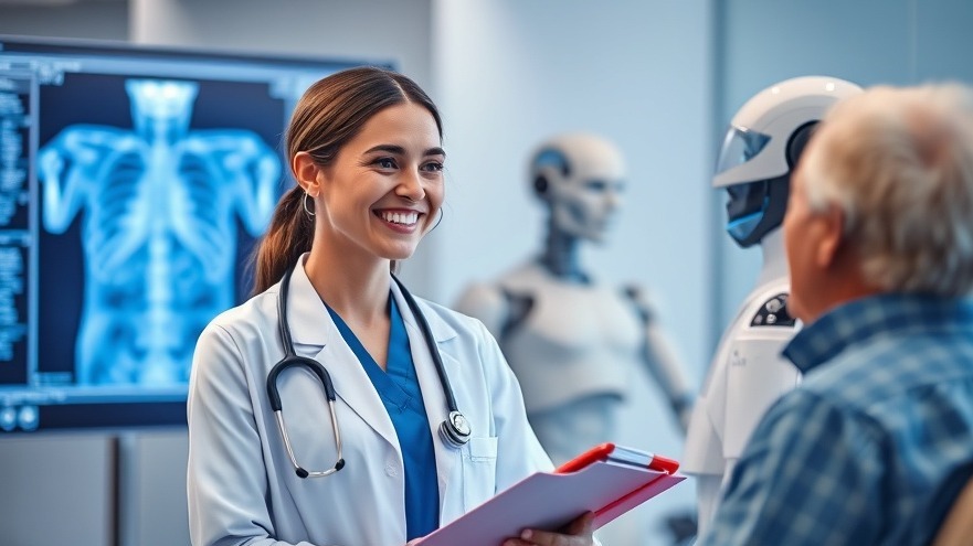 Female doctor engages with a patient as a robot analyzes an X-ray, showcasing health tech advancements.