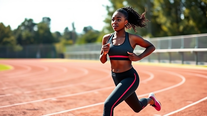 Athletic black woman running on track, embodying well-being and resilience in fitness.