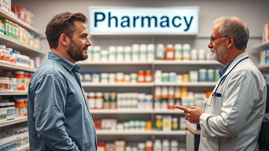 Patient waiting for specialty medications at pharmacy, amid shelves of medicines.