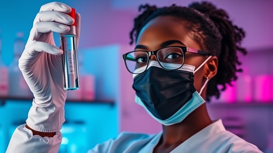 Black female in scrubs showcasing research transparency in a lab with clear liquid.