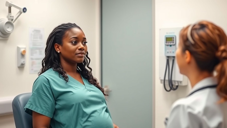 Pregnant Black female in 1st trimester discussing maternal health statistics with a nurse.