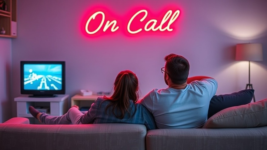 Couple relaxing at home watching TV under a 'On Call' neon sign, promoting health wellness.
