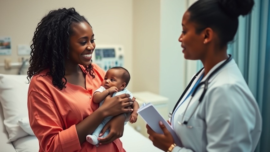 Black young mother discussing postpartum support with her doctor, promoting maternal health policy.