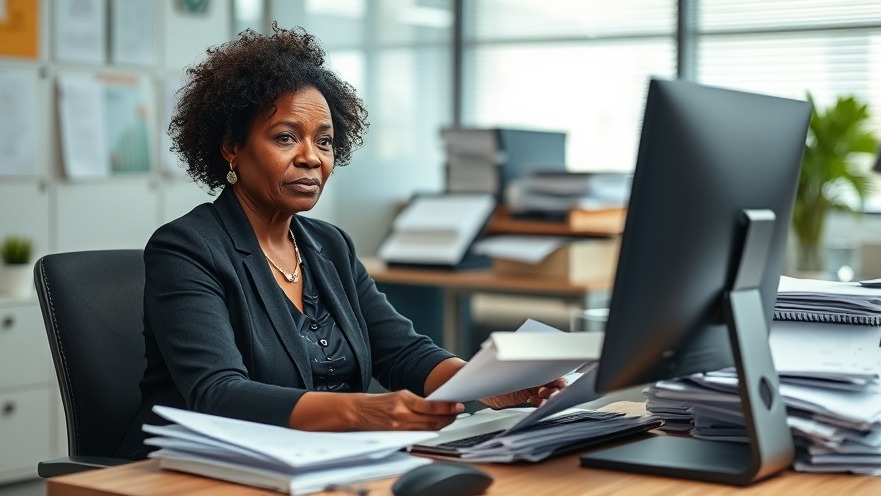 Middle-aged black woman stressed at her desk, showing cortisol balance signs.