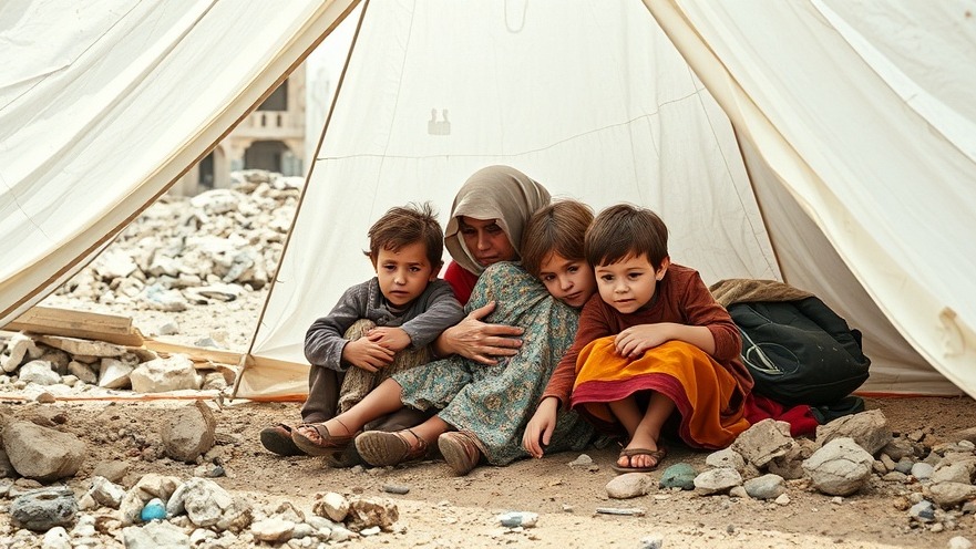 Children in conflict huddled with their mother in a tent amidst rubble and destruction.