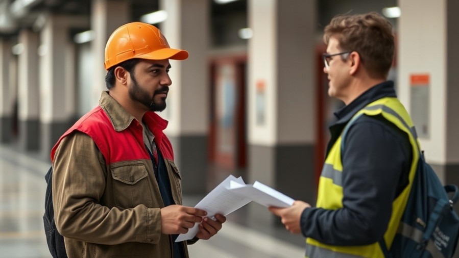 Hispanic worker discussing public charge and immigrant health with immigration officer.