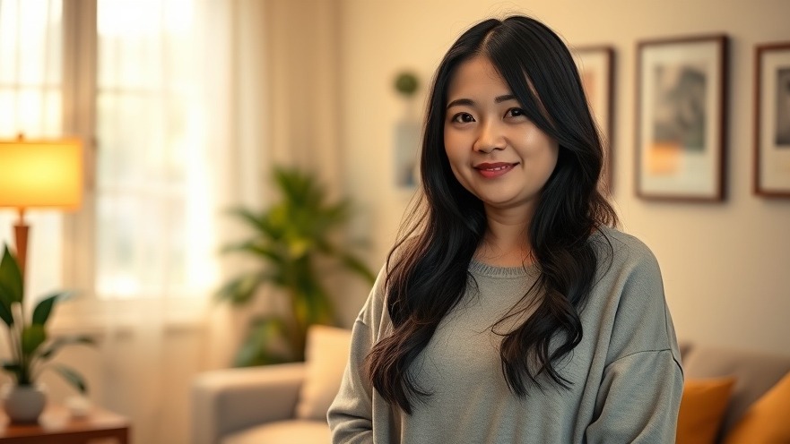 Smiling young woman in cozy living room, embodying wellness and emotional health.