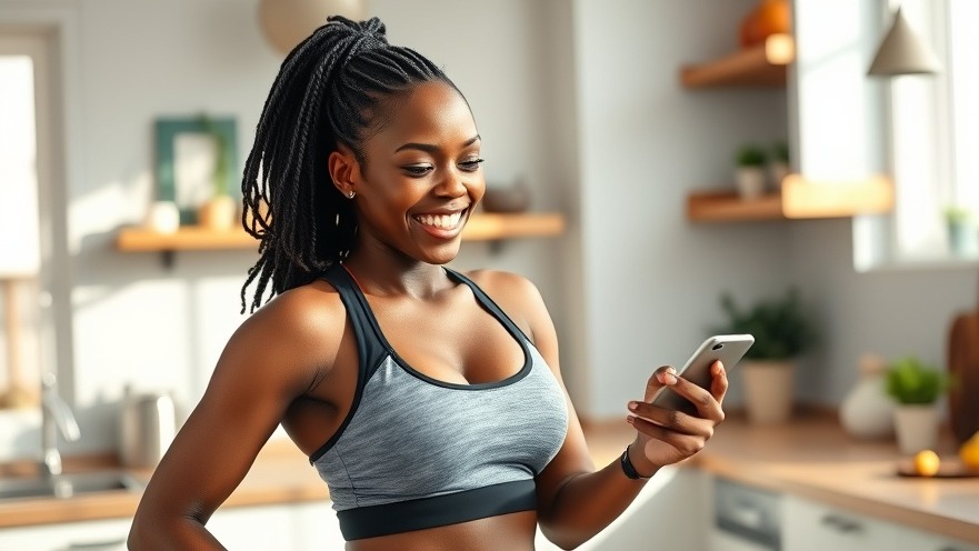 Energetic black woman in workout attire, smiling in a modern kitchen, promoting functional fitness.