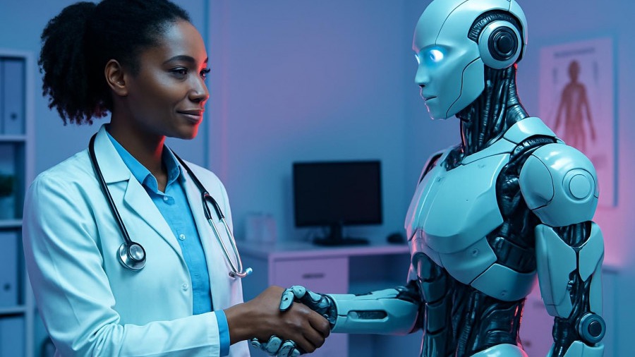 Black female doctor shaking hands with a robot in a futuristic medical office, symbolizing health and wellness through technological advancement.