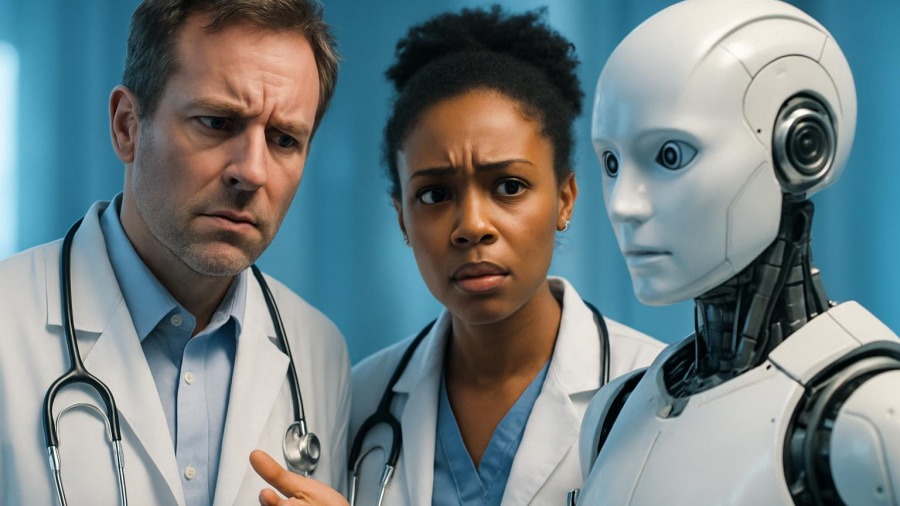 Doctors exploring health technology and emotional intelligence AI in vibrant, futuristic setting.