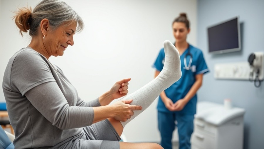 Middle-aged woman applying compression socks for venous insufficiency with nurse's support in health and wellness.