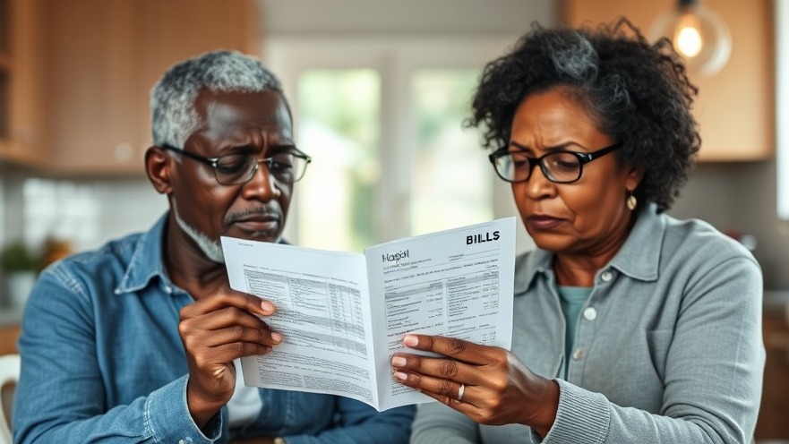 Seniors worried about health care costs while reviewing hospital bills in their bright kitchen.