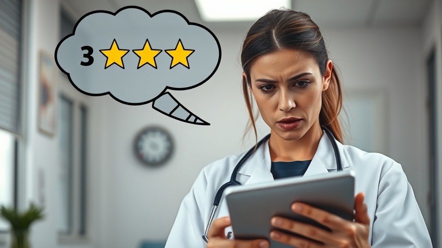 Female doctor concerned about online reputation management in healthcare ethics.