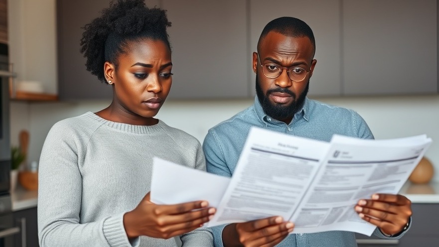 Confused middle-aged couple reviewing health management papers in their modern kitchen.