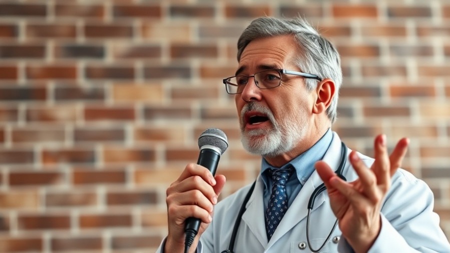 Middle-aged doctor advocating against vaccine misinformation for public health awareness.