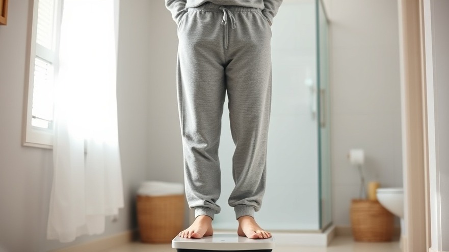 Middle-aged woman in sweats on scale, reflecting health and wellness journey.