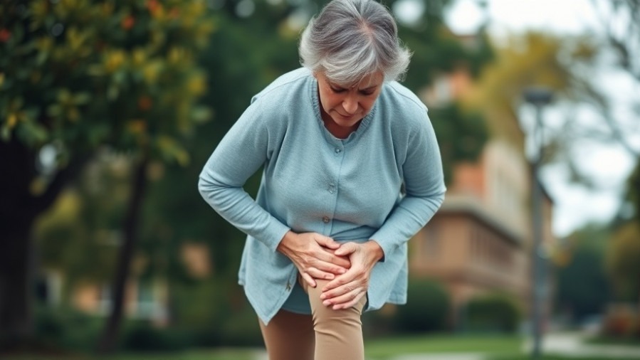 Middle-aged woman experiencing pain from autoimmune disease while walking outdoors.