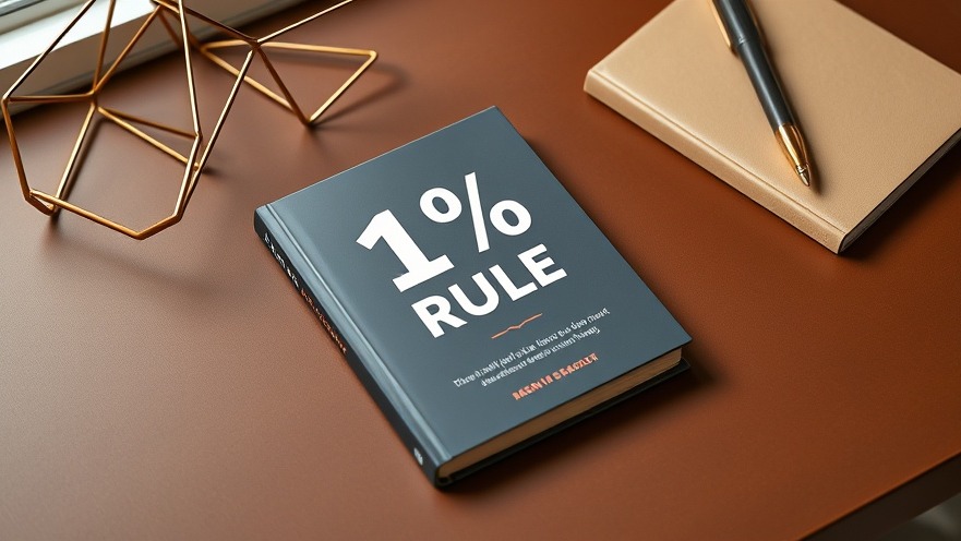 Flat lay of '1% Rule' book on a brown desk promoting better lifestyle habits.