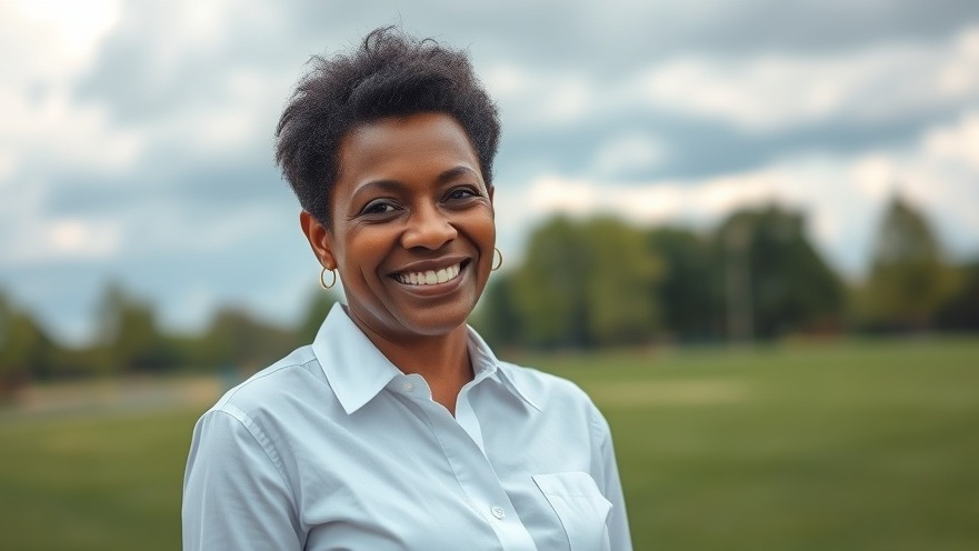Smiling middle-aged black woman in white shirt, promoting breast cancer screening access.