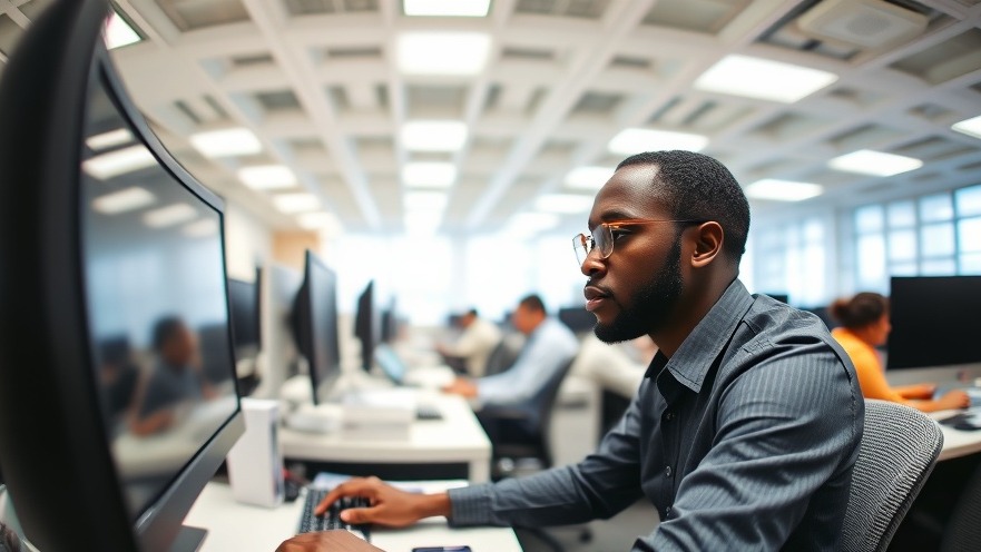 Black male focused on work amidst a busy office, showcasing attention management strategies.