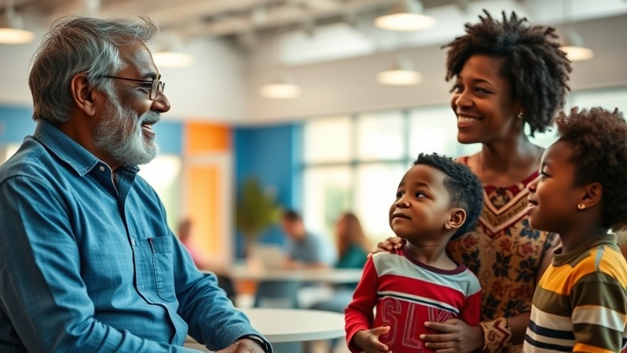 Diverse parenting in action: Indian father converse with Black mother and son at a recreation center.