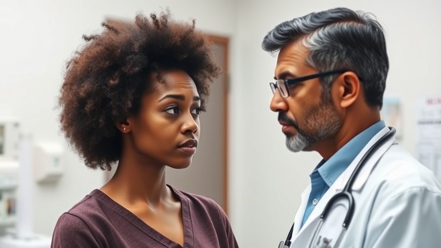 Concerned black female discussing occupational stress with Indian doctor in exam room.