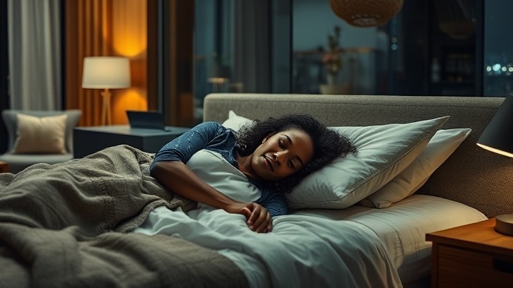 Calming gummies for stress relief, woman falling asleep in a stylish bedroom.