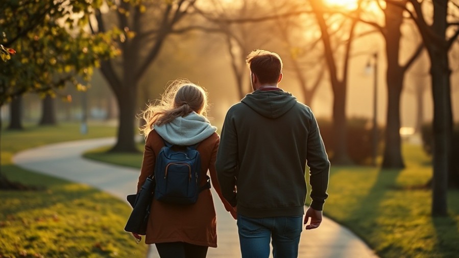 Couple walking in a park at sunrise, practicing longevity tips for a healthy lifestyle.