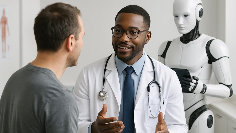 Black doctor discussing clinician burnout with a patient, robot assisting with healthcare technology.
