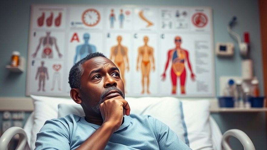 Thoughtful middle-aged black man weighing medical care options, vibrant hospital setting.