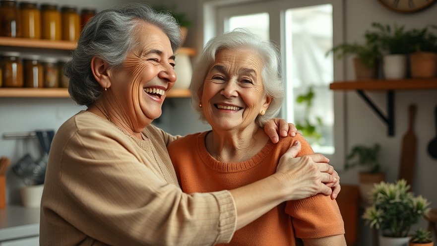 Joyful Greek woman and daughter embracing in a cozy kitchen, highlighting longevity and healthy lifestyle.