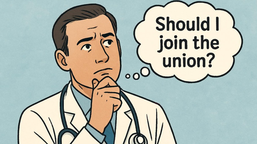 Doctor contemplating union benefits amid healthcare reform and physician burnout.