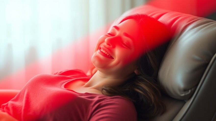 Woman enjoying red light therapy for skin health in a relaxing recliner.