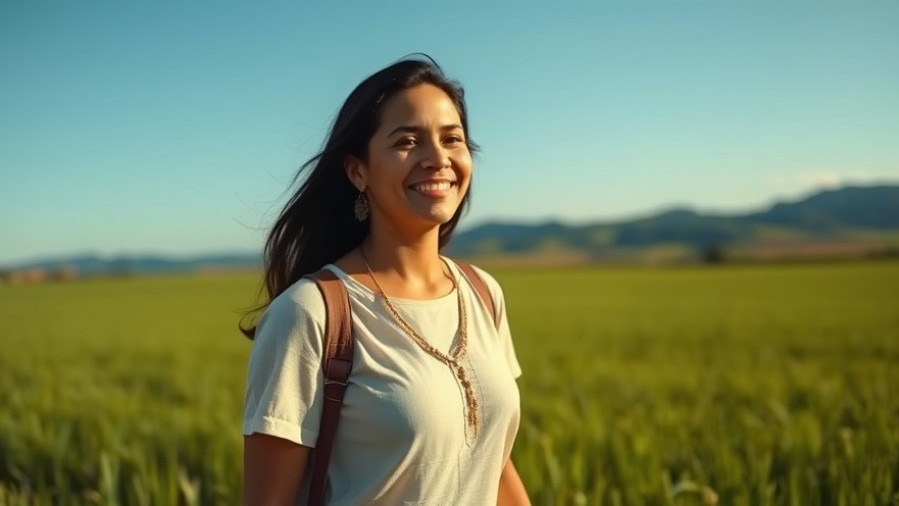 Hispanic woman practicing intentional living, smiling in a green field under blue skies.
