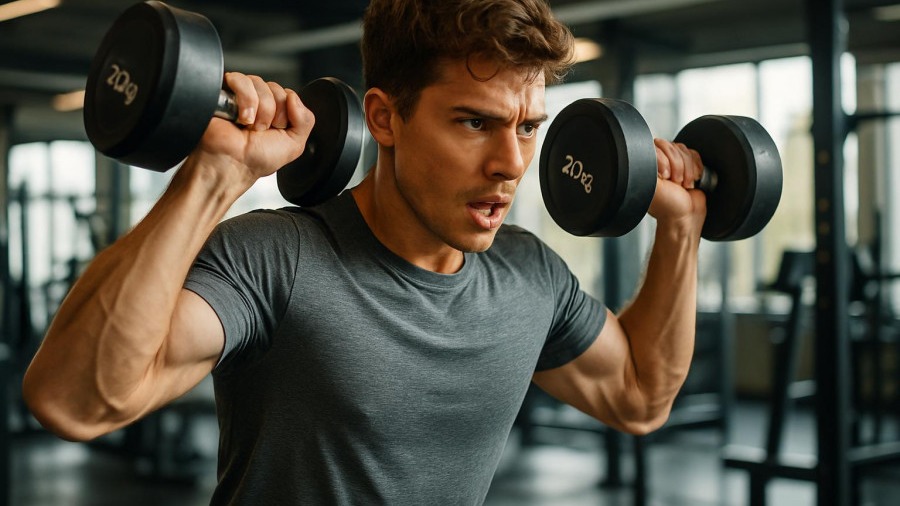 Energetic young man doing quick home workouts with dumbbells in a modern gym.