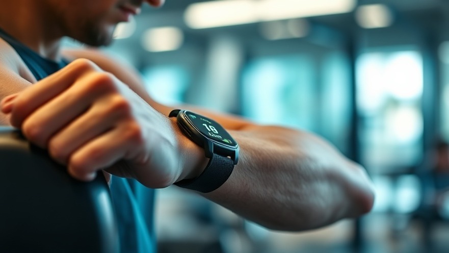 Close-up of a person in a gym monitoring health data on smartwatch for microbiome health.